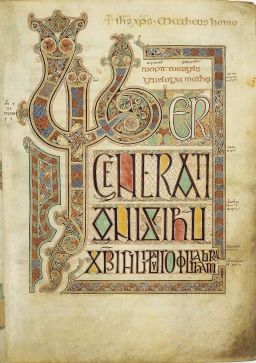 Folio 27r from the Lindisfarne Gospels contains the incipit from the Gospel of St. Matthew. Uploaded by Airump. Public Domain