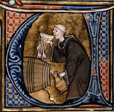 Monastic cellarer tasting wine. From a French manuscript. late 13c. Public Domain