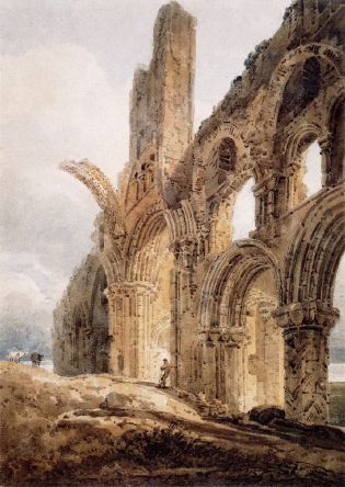 Remains of Lindisfarne Priory: 1798 by Thomas Girton. The priory's rainbow arch (which still survive) is shown truncated for artistic effect. 