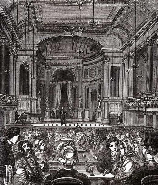The Oxford Music Hall 1875. Public Domain. Uploaded by File Upload Bot (Magnus Manske) Wikimedia Commons