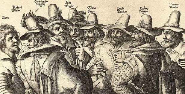 Detail from a contemporary engraving of the Gunpowder Plotters. The Dutch artist probably never actually saw or met any of the conspirators, Source: National Portrait Gallery. Wikimedia Commons