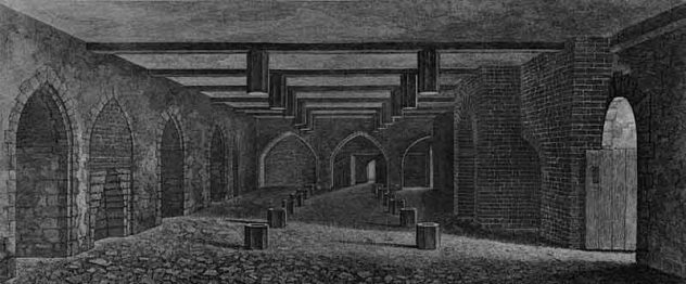 The cellar underneath the House of Lords, as drawn by William Capon, 1799. Public Domain. Wikimedia Commons.