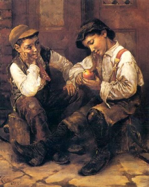 Street Urchins: oil on canvas. Artist: Karl Witkouski, 1810-1910. Public Domain