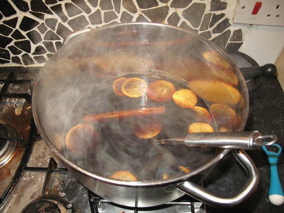 A pot of wassail. (7 pints of brown ale, bottle of dry sherry, cinnamon stick, ground ginger, ground nutmeg, lemon slices). Author: Jeremy Tarling, UK. Uploaded by LongLiveRock. Commons