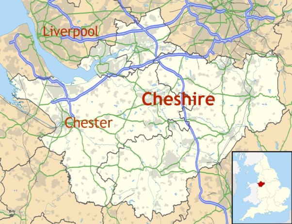 Map of Cheshire showing location of Chester. Source: Ordnance Survey OpenData. Author: Nilfanion, Creative Commons