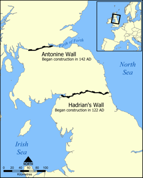 Location of Hadrian's Wall and the Antonine Wall. Author: NormanEinstein. Creative Commons 
