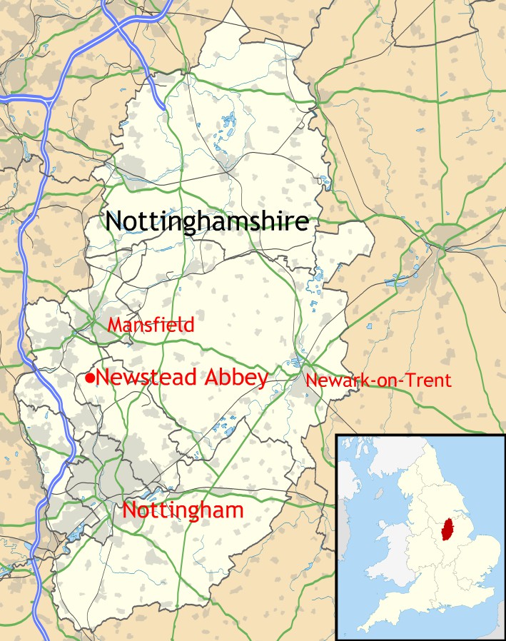 Location of Newstead Abbey within Nottinghamshire