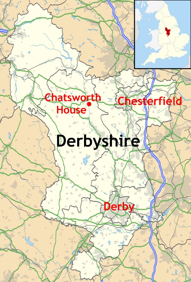 Location of Chatsworth House in Derbyshire