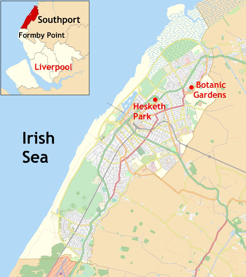 Locations of Hesketh Park and Botanic Gardens in Southport